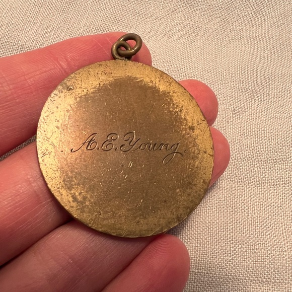 Vintage antique round gold achievement medal pendant shield engraved A. E. Young - Picture 7 of 9